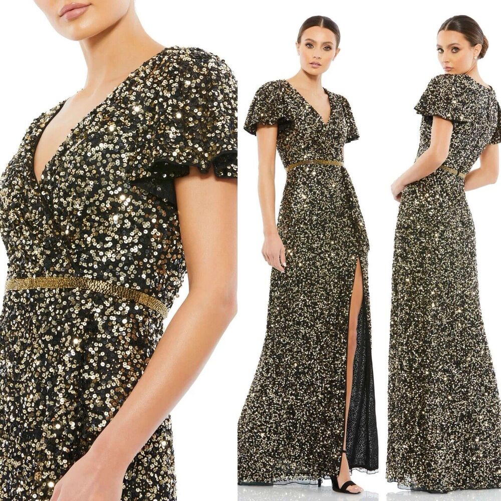 NWT $498 Mac Duggal Size 10 Sequined Wrap Over Butterfly Sleeve Gown Black
